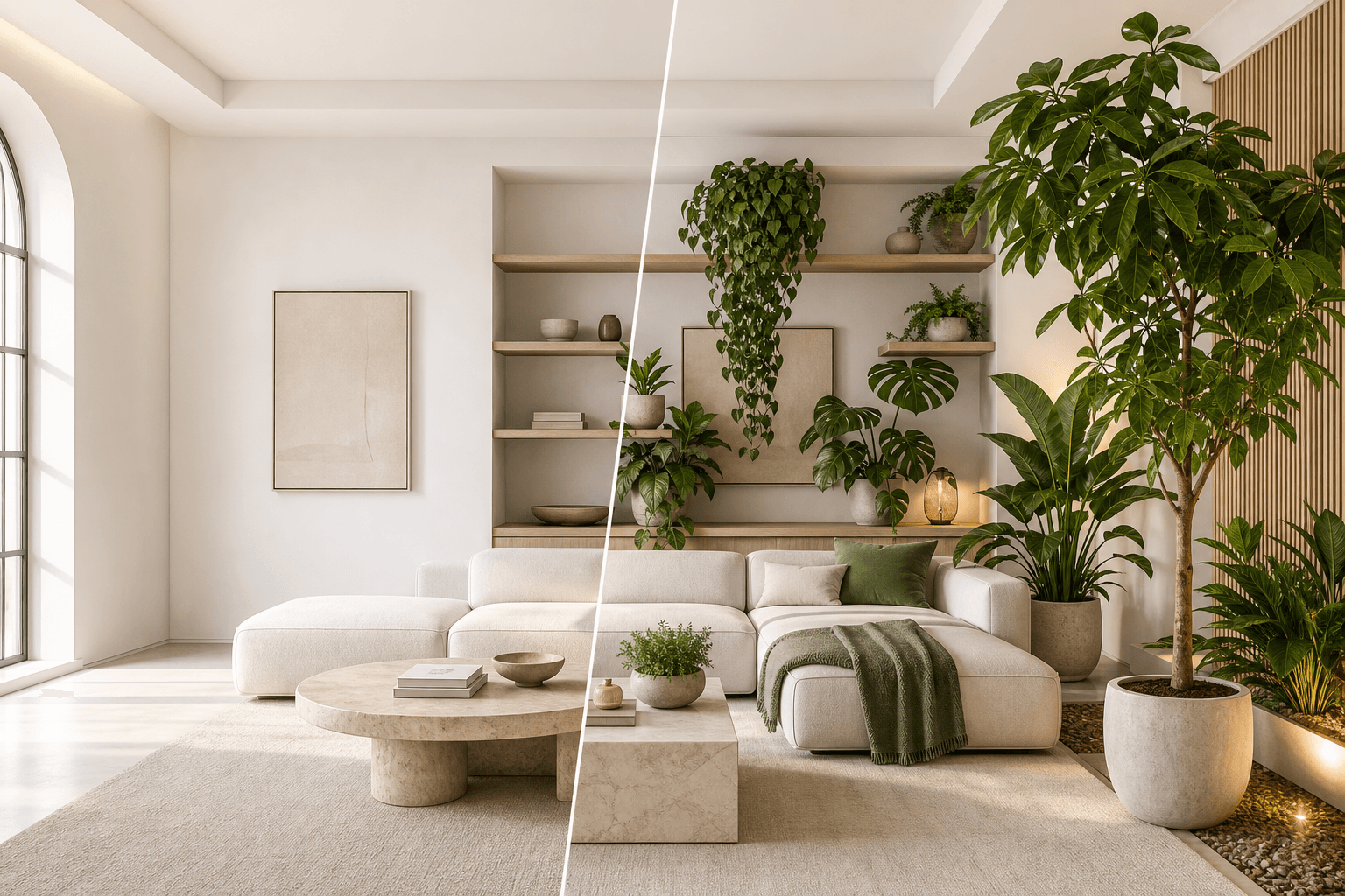 A bright living room styled with layered indoor plants.